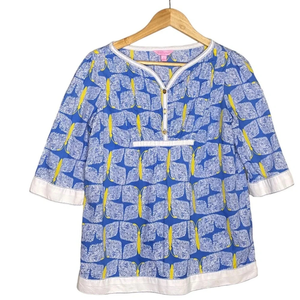 Lilly Pulitzer Blue Yellow Butterfly Print Egan Pintuck Tunic Blouse Top Small - Picture 2 of 10